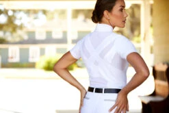 Ariat Womens Ascent 1/4 Zip Short Sleeve Show Shirt -Equinora Fashion Shop S23 WMS ENGL Carmel LaCunha Shot 02 7942 RTL