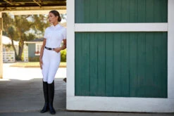 Ariat Womens Ascent 1/4 Zip Short Sleeve Show Shirt -Equinora Fashion Shop S23 WMS ENGL Carmel LaCunha Shot 02 8052 RTL