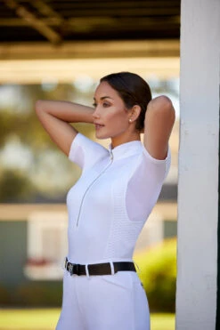 Ariat Womens Ascent 1/4 Zip Short Sleeve Show Shirt -Equinora Fashion Shop S23 WMS ENGL Carmel LaCunha Shot 02 8136 RTL